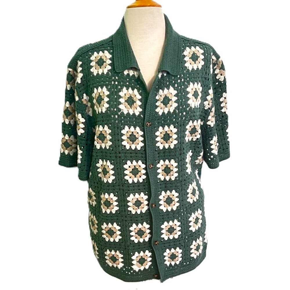 Cotton On Womens Crocheted Cardigan Sweater Medium Cottage Grandma Green